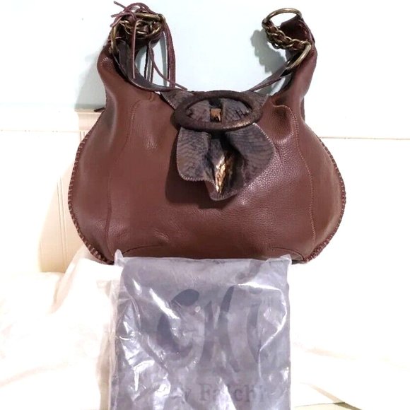 NEW Carlos Falchi CHI Brown 100% Leather Snake Skin Crescent Shoulder Bag Purse - Picture 1 of 13